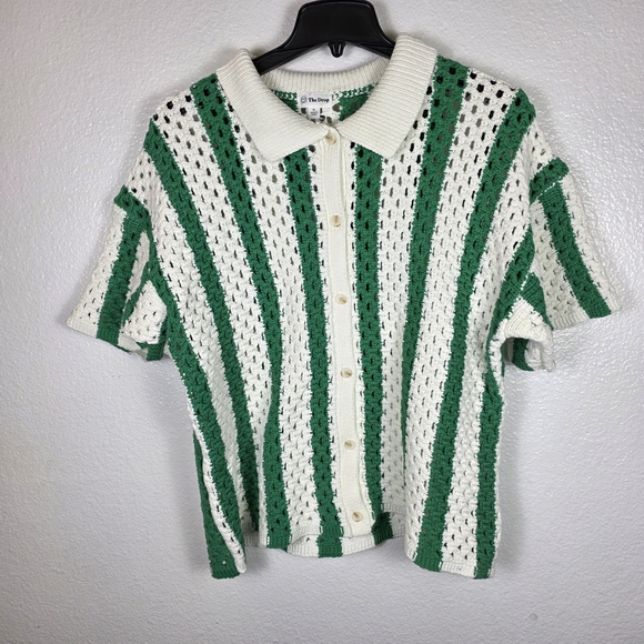 The Drop Tops - The Drop Women's Tatum Crochet Splitneck Polo Top in Emerald Stripe Size XL